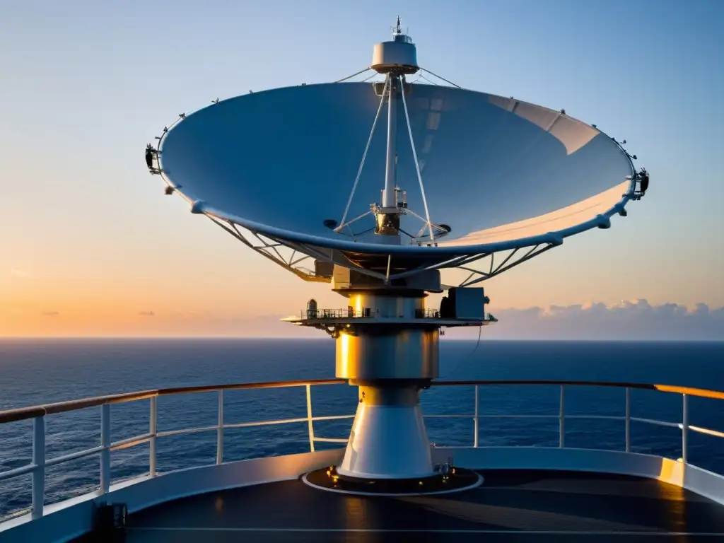 Una antena satelital en el borde de un barco, apuntando al cielo con el océano abierto al fondo