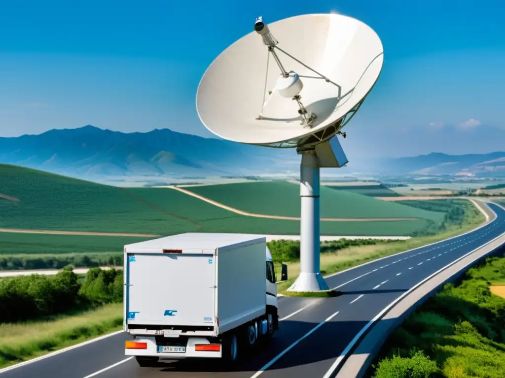 Camión con antena satelital apuntando al cielo en la carretera, mostrando la integración de tecnología satelital en transporte terrestre