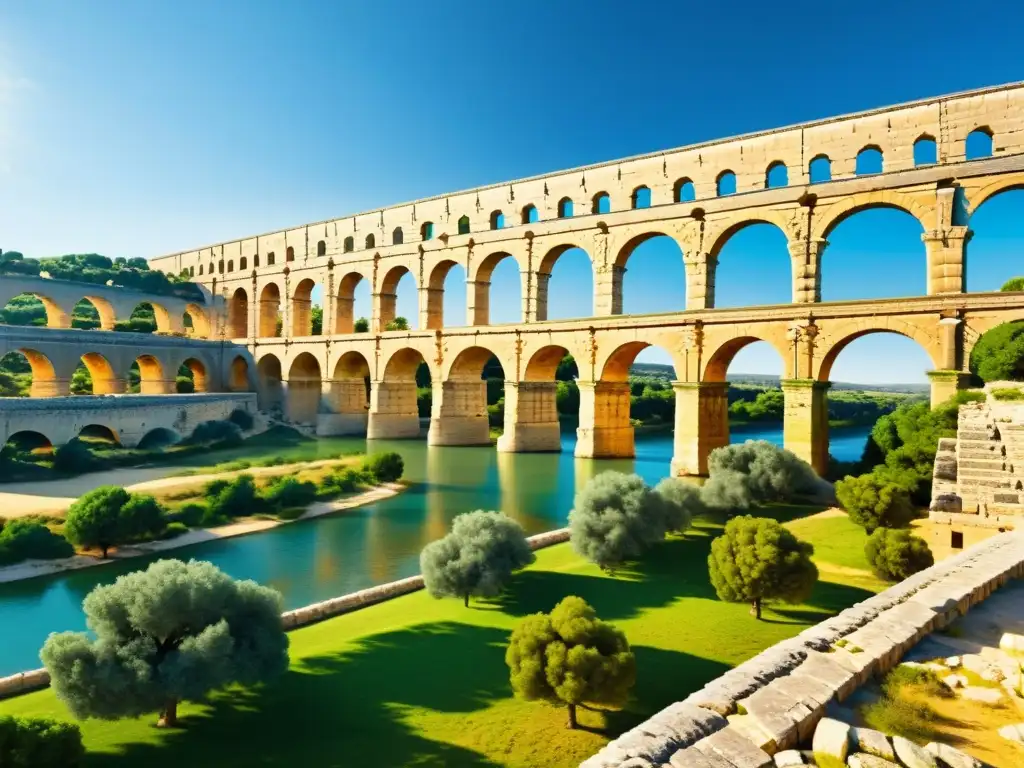 Pont du Gard, antiguo acueducto romano, con imponentes arcos de piedra y paisaje verde a su alrededor