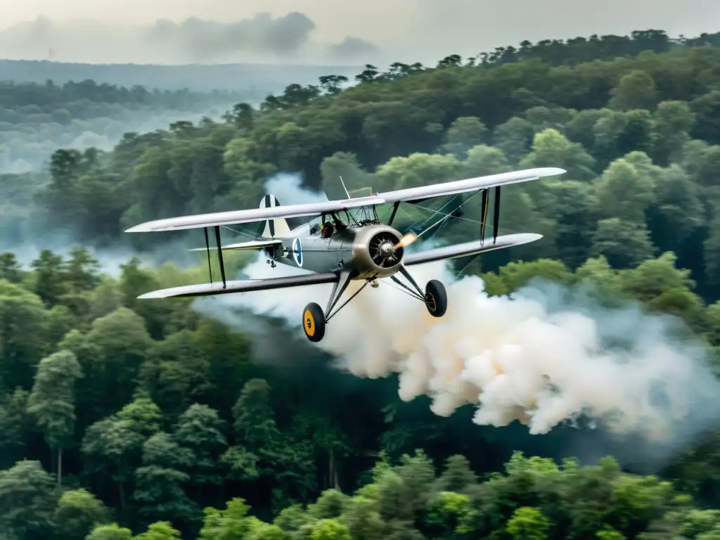 Un antiguo biplano vuela sobre un denso bosque, con smog de la contaminación industrial de fondo