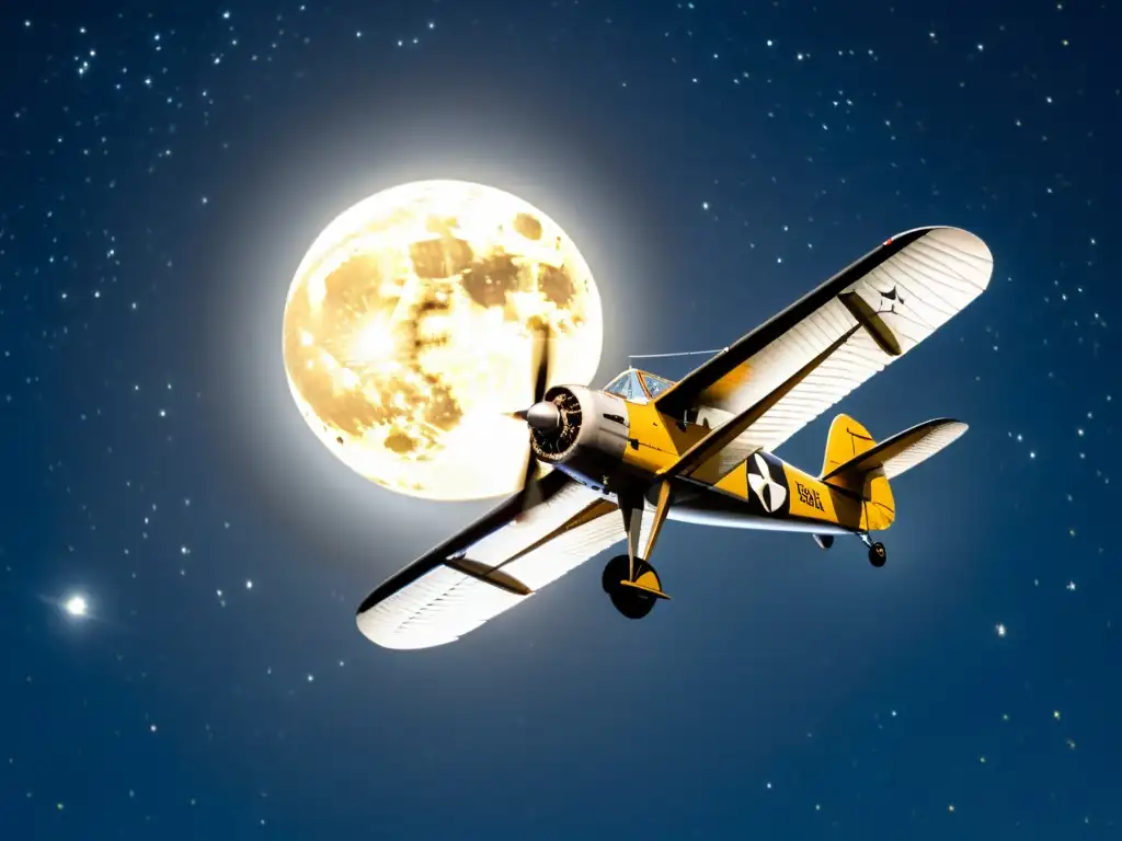 Un antiguo biplano vuela de noche bajo la luz de la luna y las estrellas, destacando la historia del vuelo nocturno en aviación