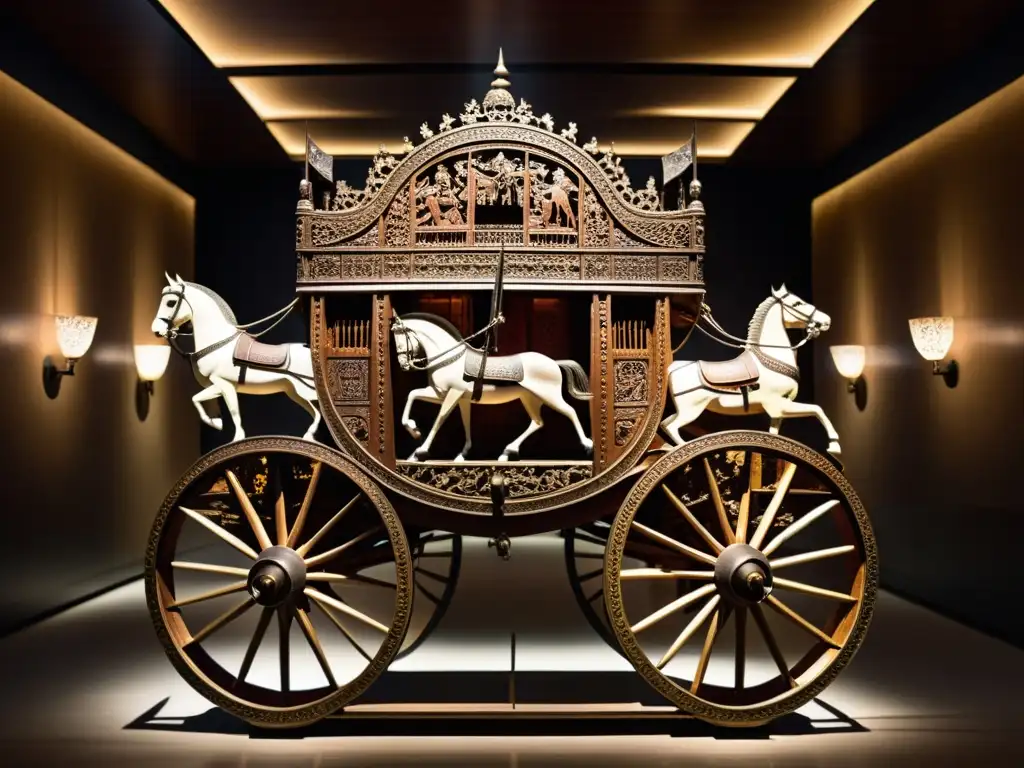 Un antiguo carro de guerra ricamente tallado, listo para la batalla, irradia historia y avances tecnológicos en carros de guerra en un museo iluminado