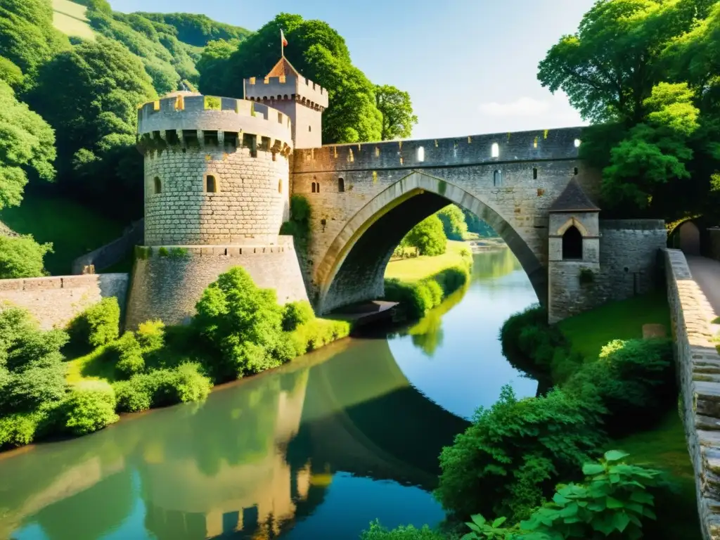 Un antiguo puente levadizo medieval sobre un río, rodeado de exuberante vegetación y murallas de castillo