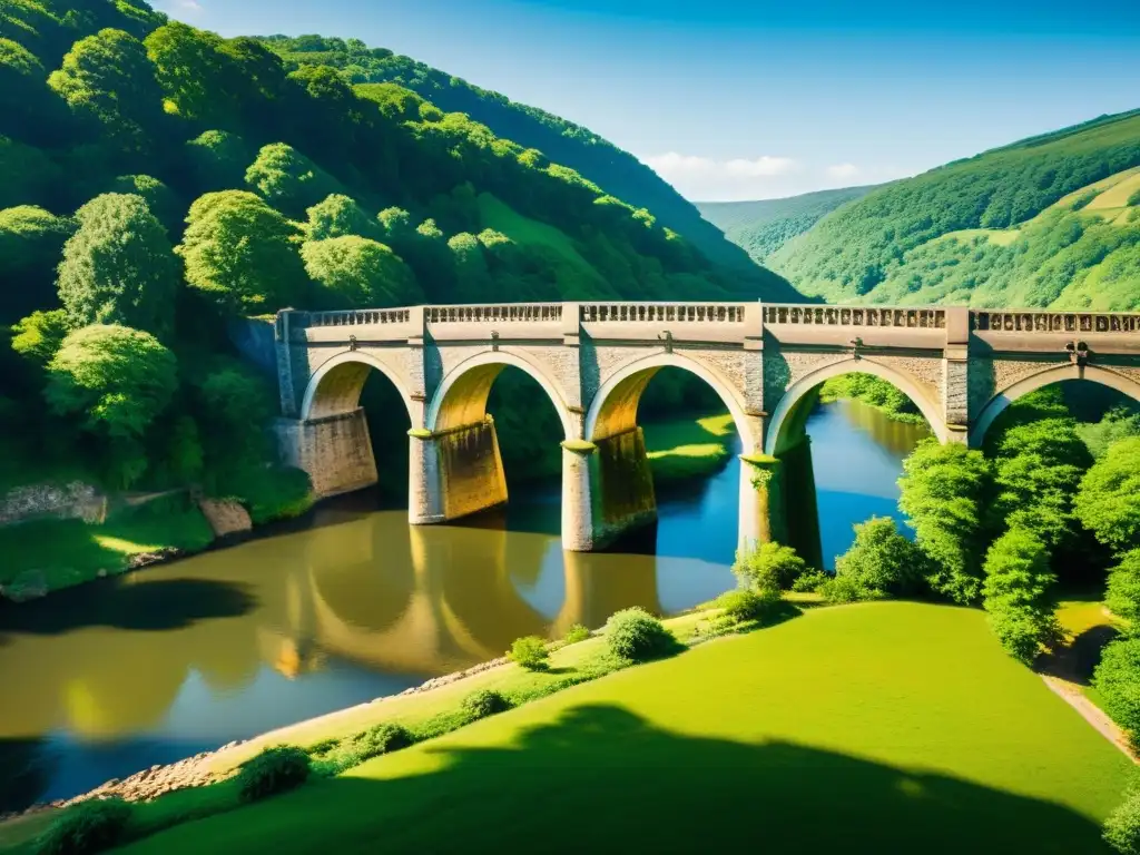 Un antiguo puente de piedra conectando paisajes, resaltando la importancia de los puentes en transporte terrestre