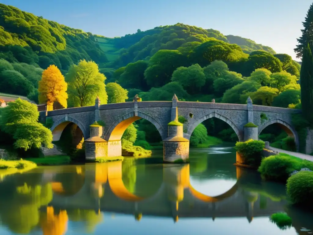 Antiguo puente de piedra con arcos cubiertos de musgo y grabados históricos, rodeado de exuberante vegetación, bañado por la cálida luz del atardecer