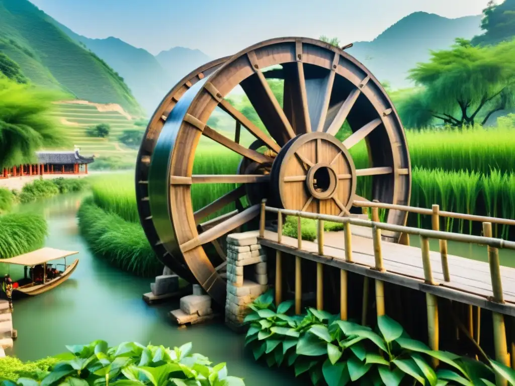 Antiguo sistema de rueda de agua china para transporte sostenible en armonía con la naturaleza y la arquitectura tradicional