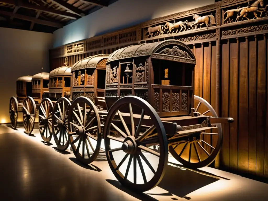 Antiguos carros de caballos en museo, con intrincados grabados que narran la historia