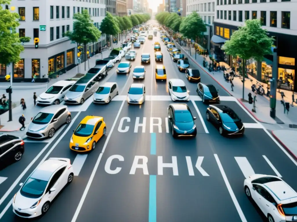 Aplicaciones de car sharing transformando el transporte urbano con vehículos sostenibles en una bulliciosa calle de la ciudad