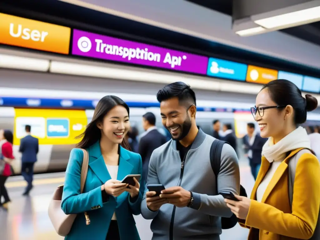 Commuters disfrutan la gamificación en apps de transporte, interactuando con entusiasmo en la estación llena de energía