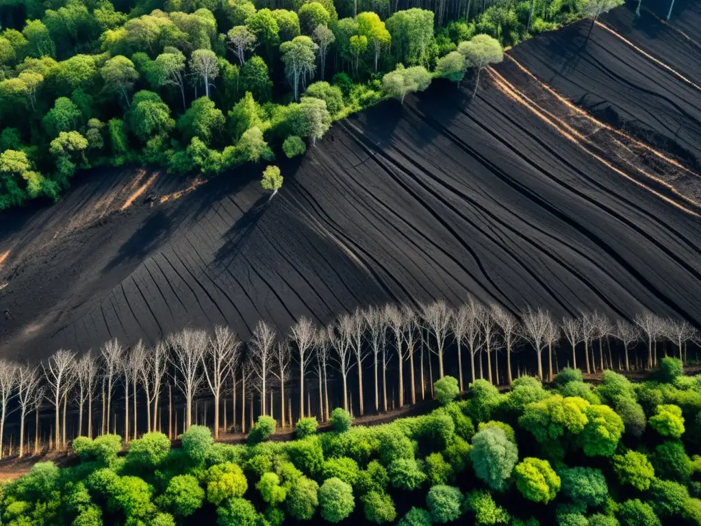 Área deforestada con restos de árboles quemados y suelo estéril, impacto del desarrollo de biocombustibles en transporte