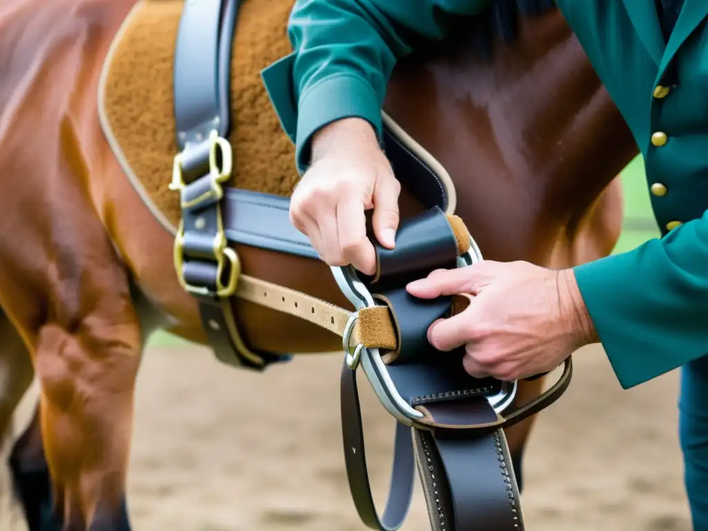 Un arnés ergonómico de alta tecnología se ajusta con cuidado a un caballo, mostrando el impacto positivo en el transporte animal