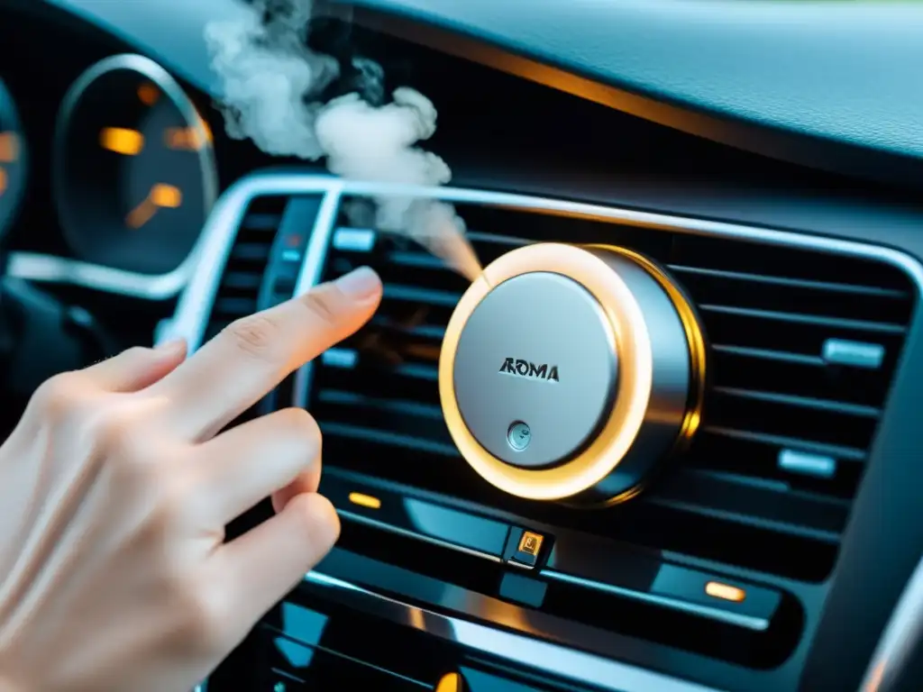 Un aroma difusor moderno se instala con cuidado en la rejilla de ventilación de un automóvil, integrando tecnología y confort