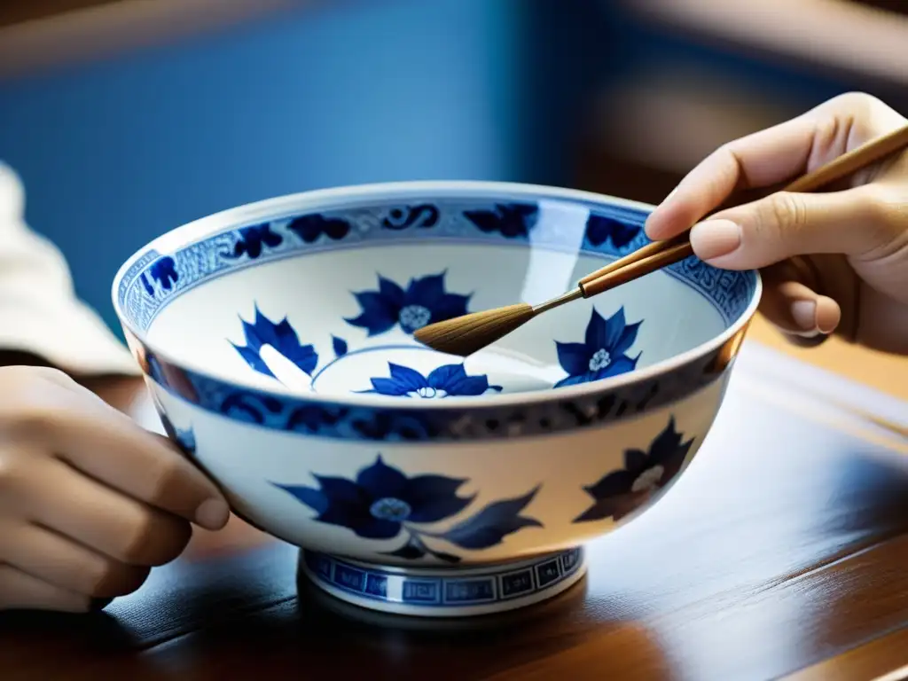 Artesano pintando a mano una exquisita porcelana china con diseños azules y blancos, resaltando la artesanía y las rutas comerciales chinas porcelana