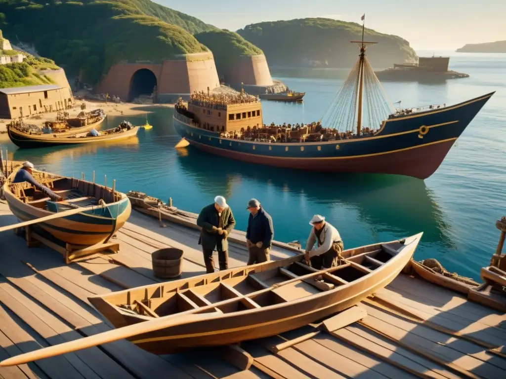 Artesanos construyen barcos de madera en astillero antiguo junto al mar, mostrando la evolución y desarrollo naval con destreza artesanal