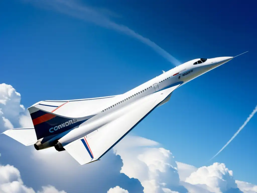 Ascenso y Caída del Concorde: Imagen detallada del icónico Concorde surcando las nubes, resaltando su diseño futurista y elegante en un dinámico vuelo