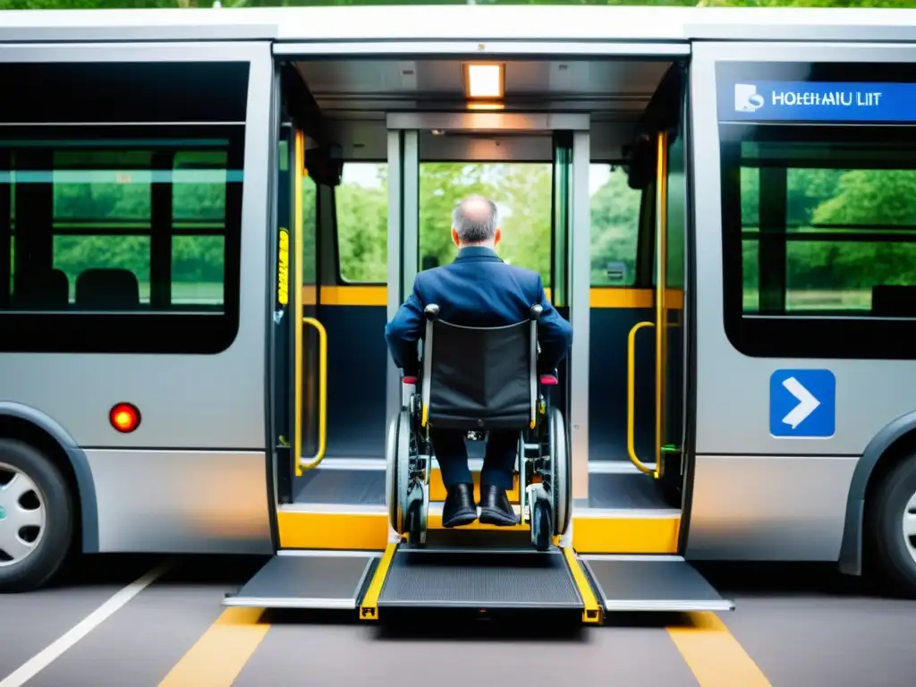 Un ascensor para silla de ruedas en transporte público muestra accesibilidad y comodidad