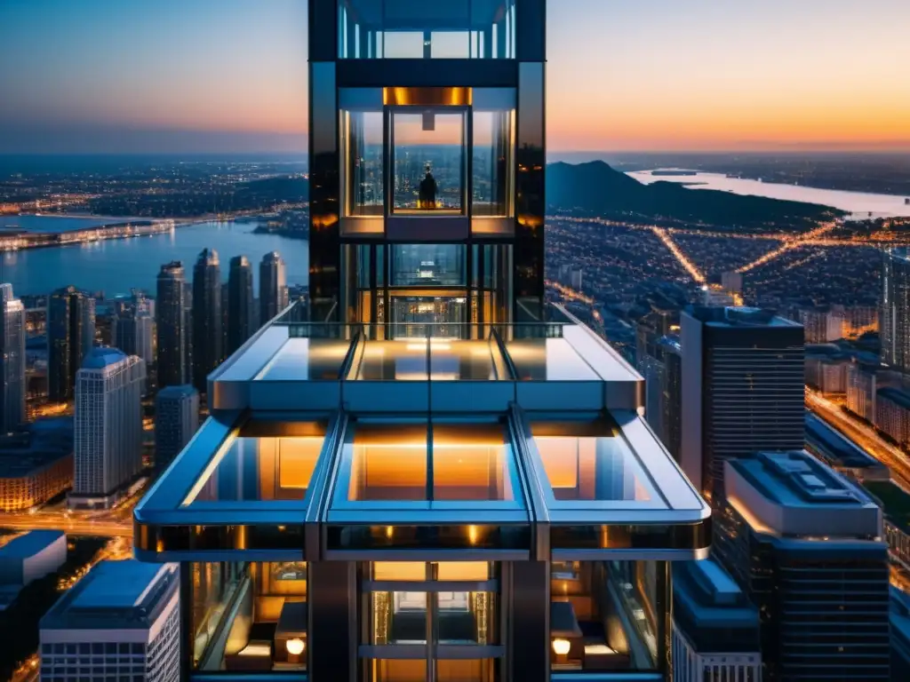 Ascensores panorámicos en destinos urbanos: Elevador de vidrio ascendiendo por un rascacielos moderno, con la ciudad iluminada y el sol poniéndose