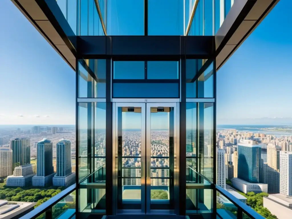 Ascensores panorámicos en destinos urbanos: Un moderno ascensor de vidrio asciende por el exterior de un reluciente rascacielos, ofreciendo vistas despejadas de la bulliciosa ciudad y su energía dinámica