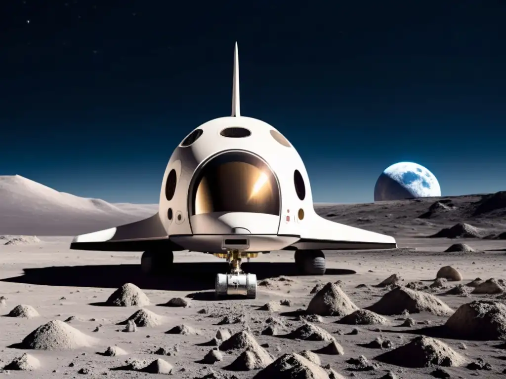 Un asombroso futuro del turismo lunar proyectos desarrollo, con una nave espacial estacionada en la luna y la Tierra de fondo