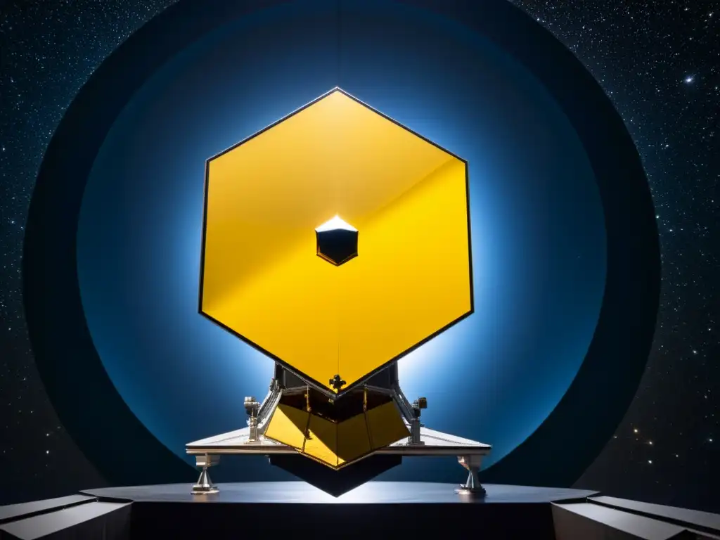 El asombroso telescopio espacial James Webb flotando en el vasto espacio, con sus espejos dorados reflejando la luz distante de galaxias
