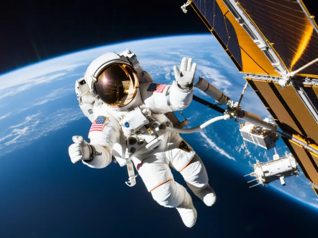 Un astronauta flota afuera de la Estación Espacial Internacional, alcanzando un panel solar con la curvatura de la Tierra de fondo