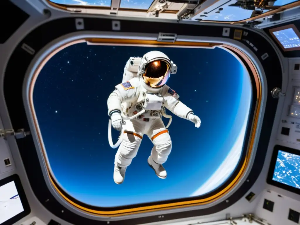 Un astronauta flota en la Estación Espacial Internacional, realizando experimentos con equipos científicos mientras observa la Tierra desde el espacio