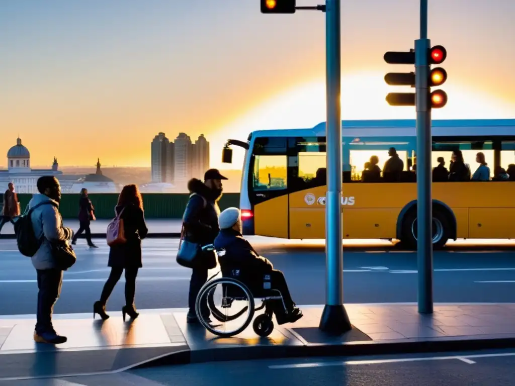 Un atardecer cálido ilumina la bulliciosa parada de autobús, donde personas diversas esperan, incluyendo usuarios de silla de ruedas y personas con discapacidad visual