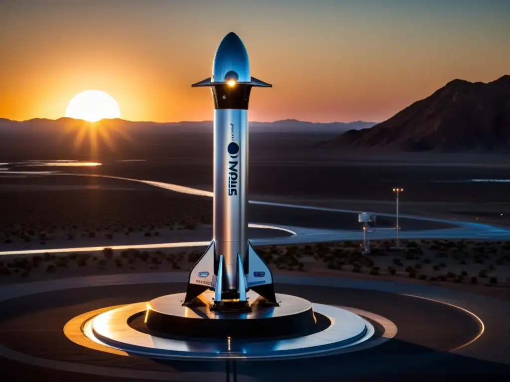 Un atardecer cálido ilumina una nave espacial futurista en la plataforma de lanzamiento, con los logotipos de Blue Origin y Virgin Galactic