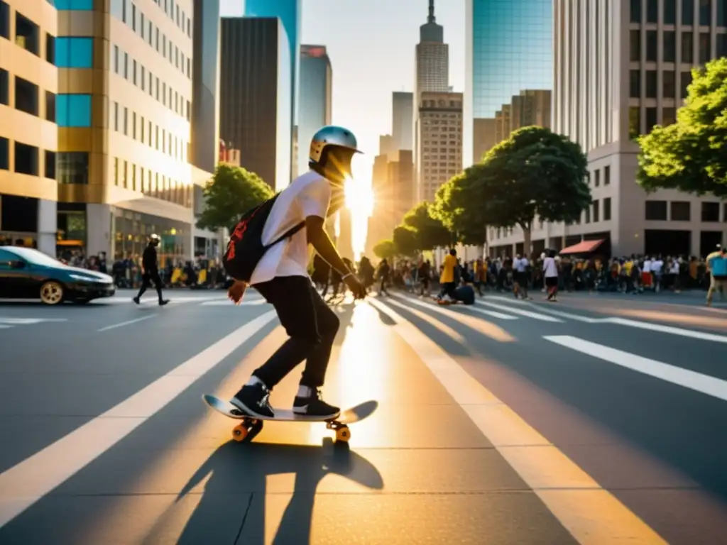 Un atardecer dorado ilumina skaters en una bulliciosa calle de la ciudad, entre rascacielos