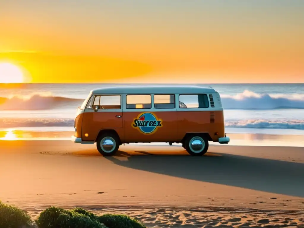 Un atardecer mágico en la playa, una furgoneta vintage y surfistas disfrutando del mar