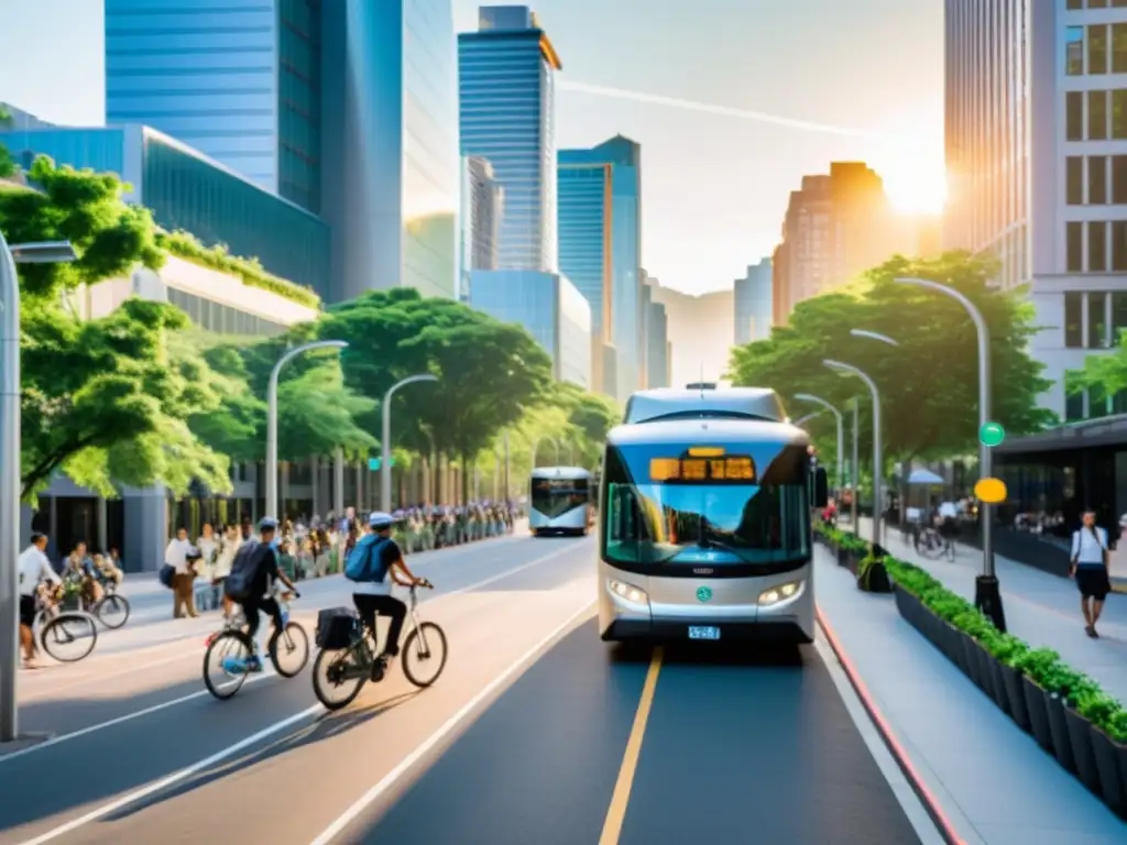 Un atardecer tranquilo en una ciudad llena de autobuses eléctricos y bicicletas, rodeada de edificios altos con vegetación en las aceras