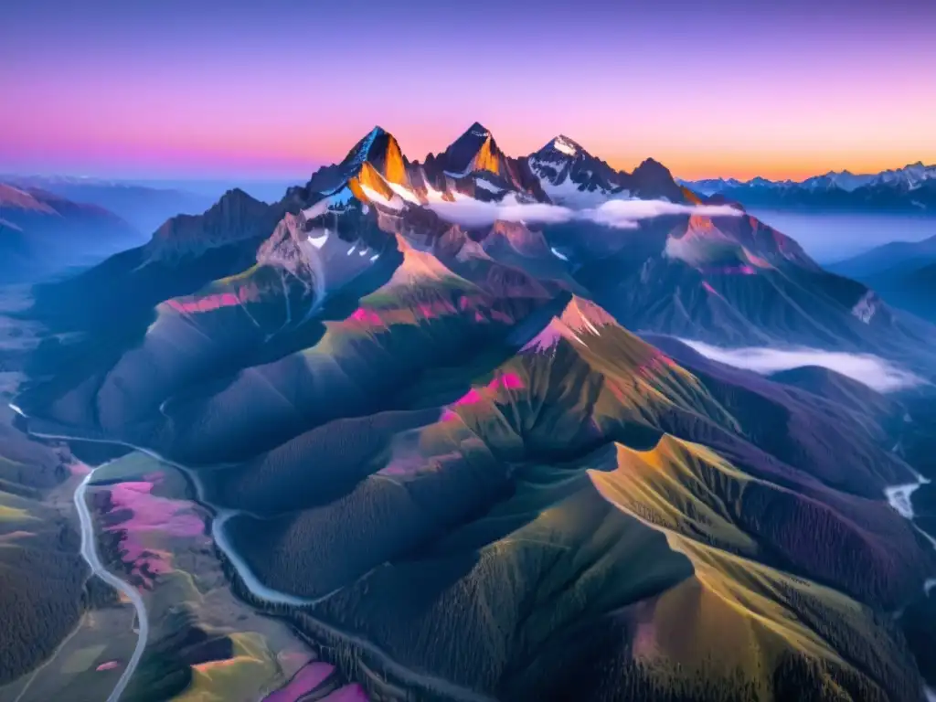 Un atardecer vibrante sobre montañas, visto desde un helicóptero