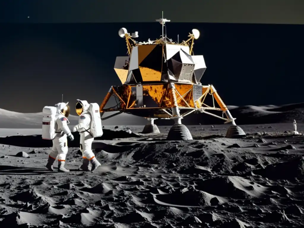 Un aterrizaje lunar con astronautas explorando, destaca la importancia del turismo lunar en el desarrollo de proyectos espaciales