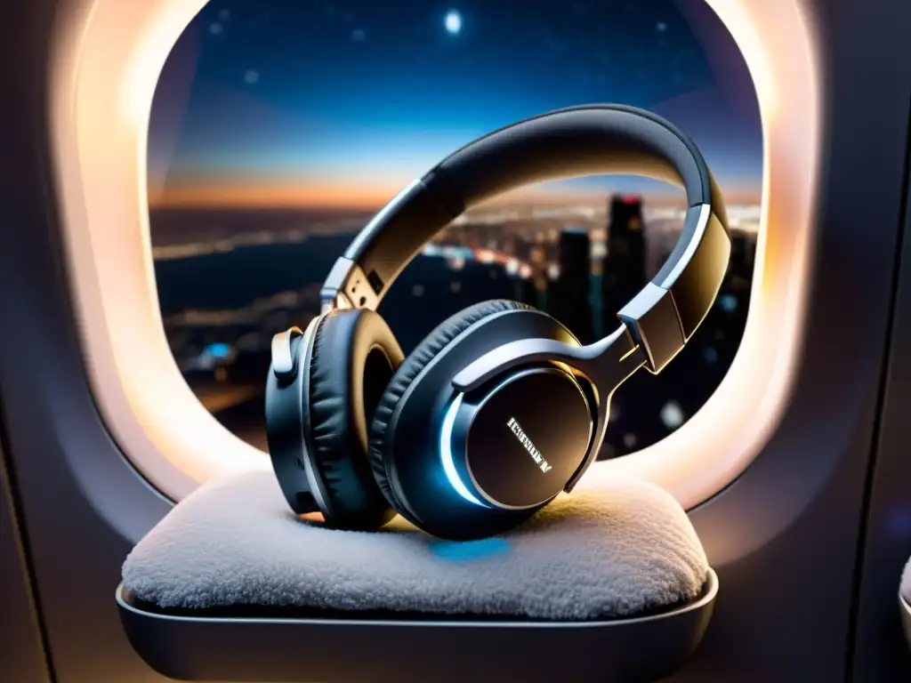 Auriculares inalámbricos para viajes en asiento de avión con vista nocturna de la ciudad