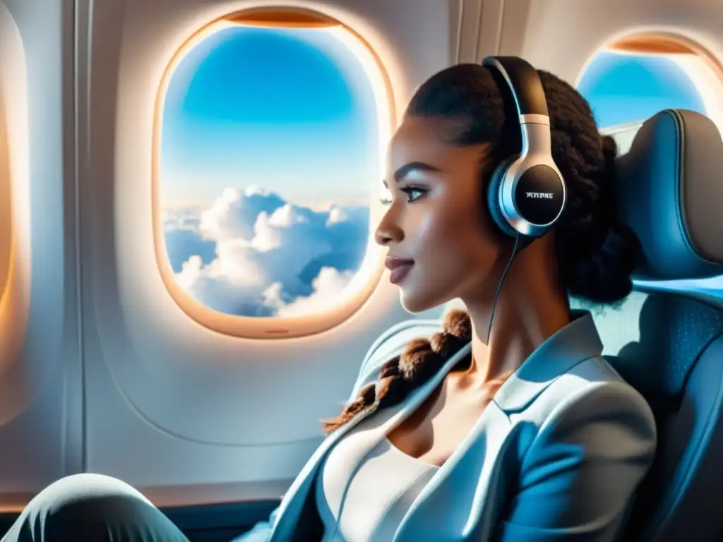 Auriculares inalámbricos para viajes en lujoso asiento de avión con vista aérea de nubes y cielo azul