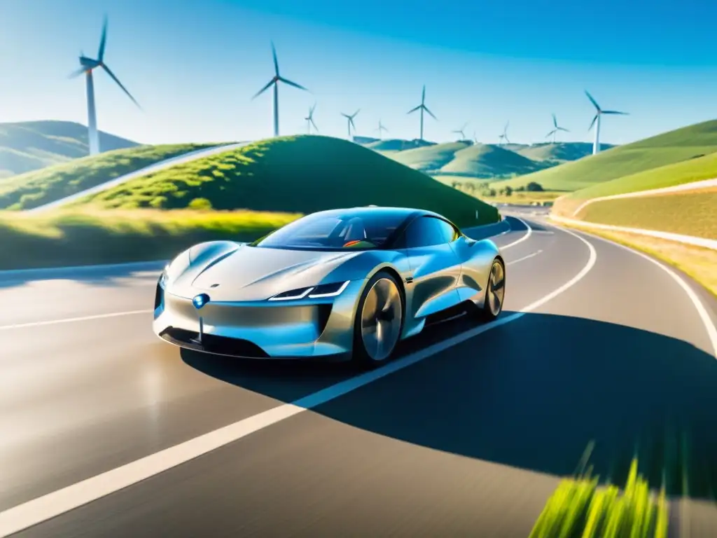 Un auto eléctrico futurista surca una autopista soleada, con molinos de viento girando al fondo