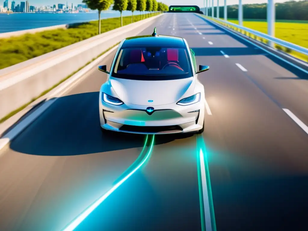 Un auto eléctrico recorre una vía futurista con carga inalámbrica integrada, evocando innovación y eficiencia en la movilidad sostenible