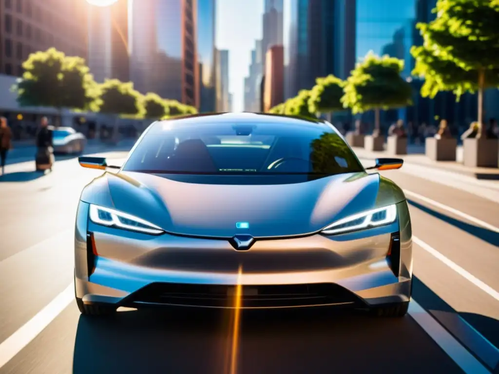 Un auto eléctrico futurista con cargadores solares en un entorno urbano sostenible y vibrante