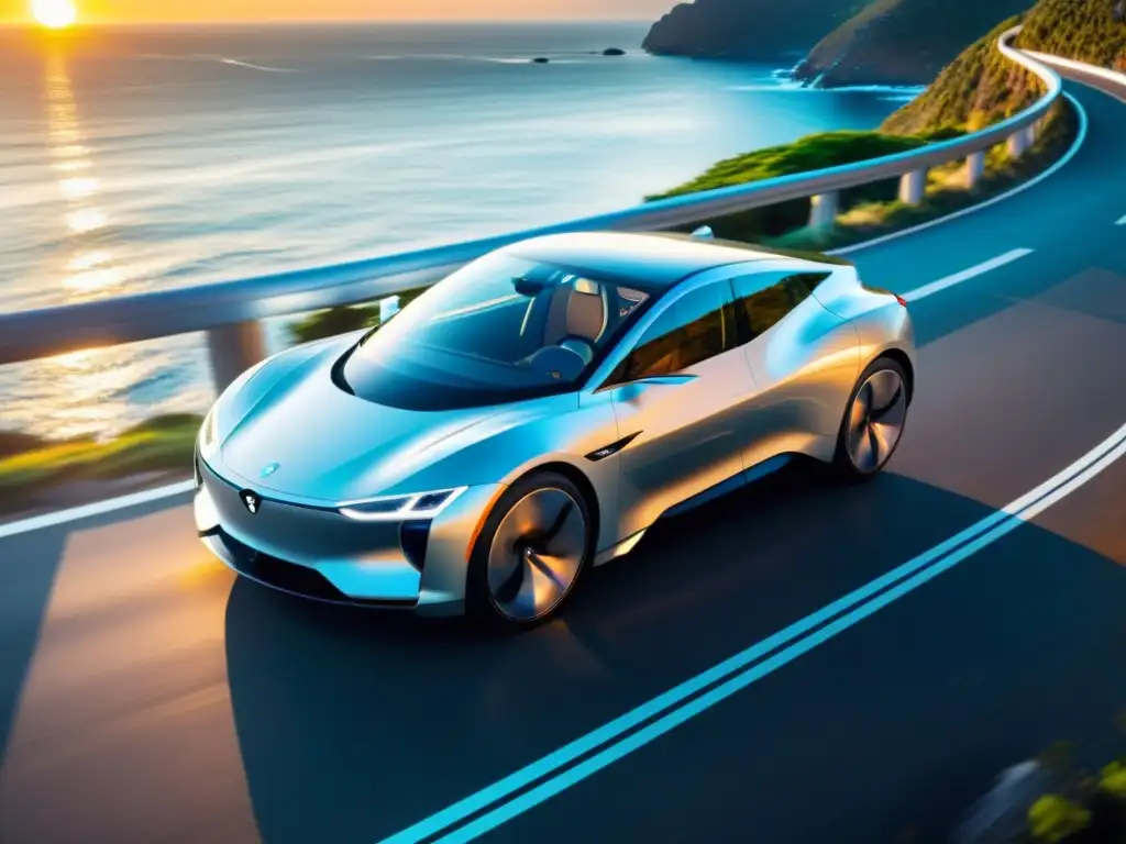 Un auto eléctrico futurista recorre suavemente una carretera costera al atardecer, destacando medios de transporte ecológicos sostenibles