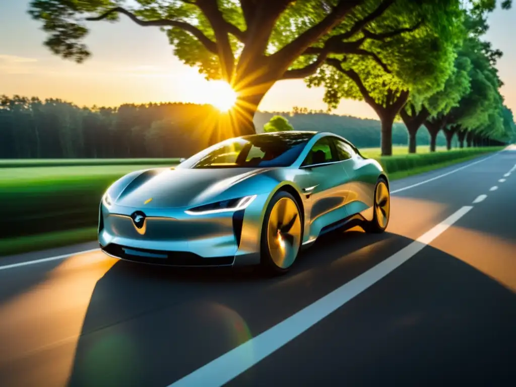 Un auto eléctrico futurista recorre una carretera arbolada al atardecer, resaltando su diseño sostenible y la evolución de los medios de transporte