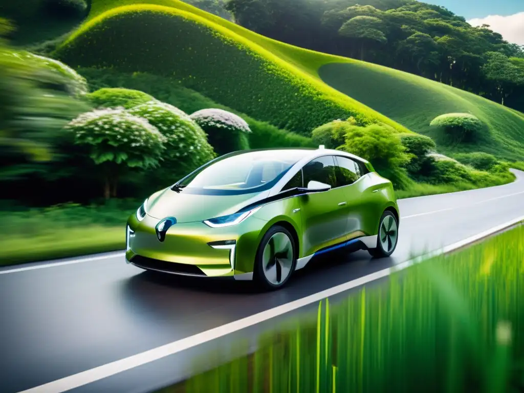 Un auto eléctrico futurista recorriendo un exuberante paisaje verde, simbolizando la evolución de los seguros para vehículos ecológicos innovadores