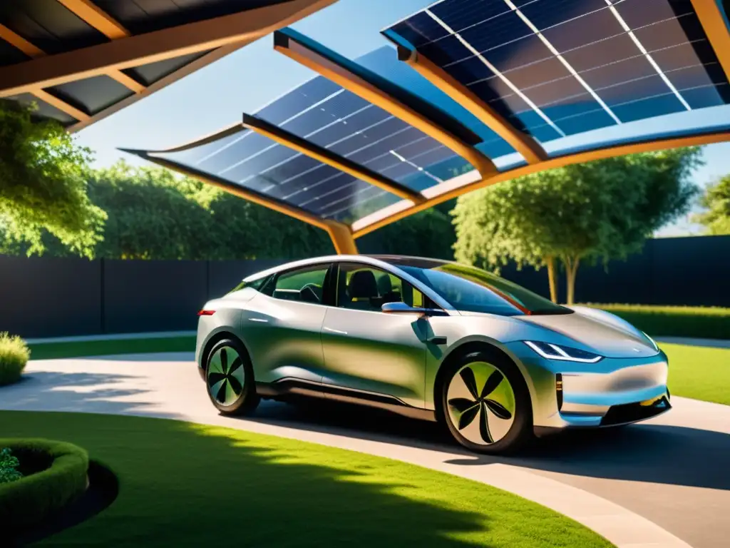 Un auto eléctrico moderno bajo un techo solar, rodeado de naturaleza