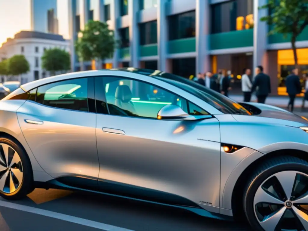 Un auto eléctrico plateado se carga en una estación futurista, con la ciudad al fondo