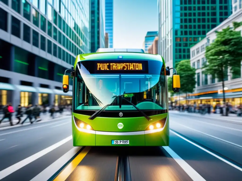 Un autobús eléctrico de diseño futurista y tecnologías verdes en transporte seguro, integrado perfectamente en la bulliciosa ciudad