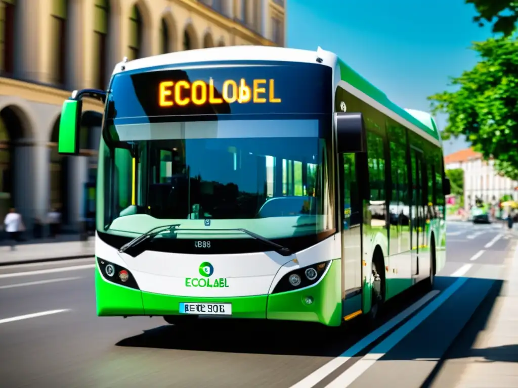 Un autobús eléctrico híbrido con la ecoetiqueta de sostenibilidad, integrado en una ciudad moderna