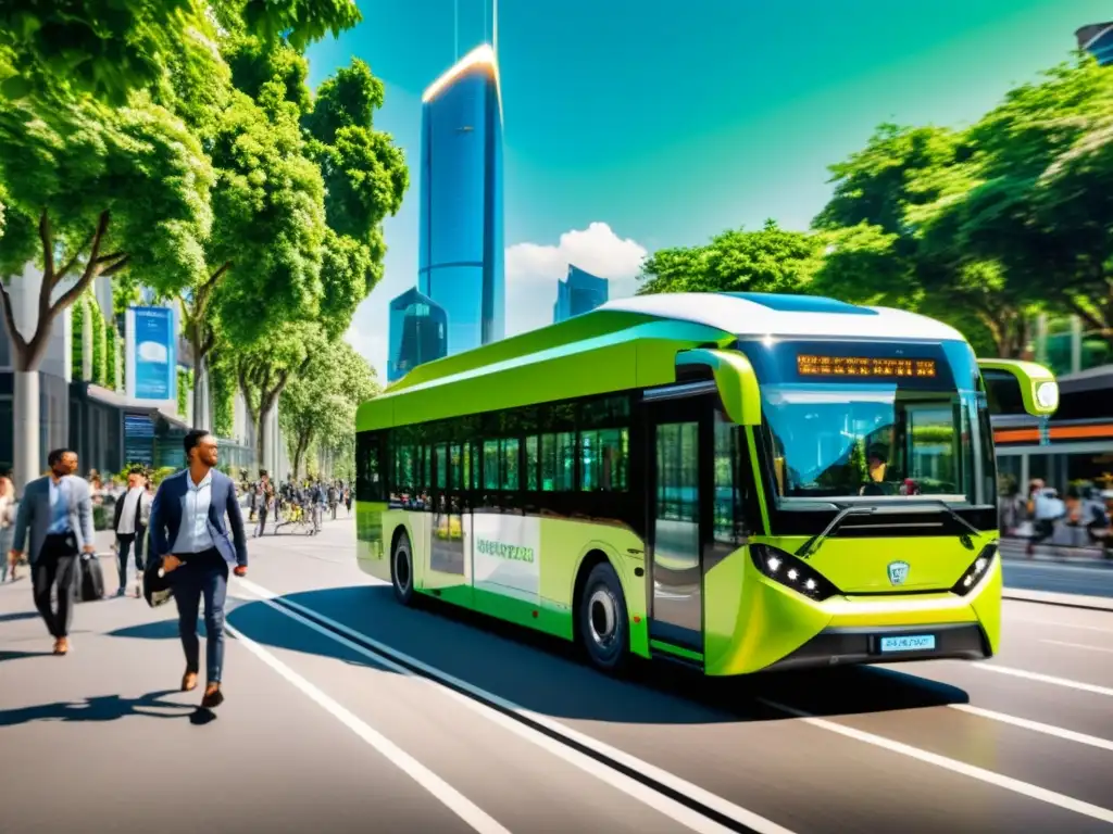 Un autobús eléctrico moderno atraviesa una bulliciosa ciudad, rodeado de vegetación y opciones de transporte sostenible