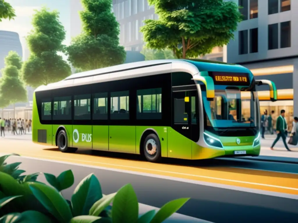 Un autobús eléctrico moderno circula por la ciudad, rodeado de vegetación, mientras los pasajeros suben a bordo