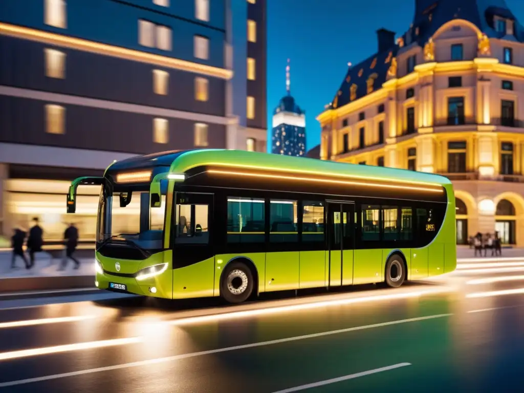 Un autobús eléctrico moderno iluminando la ciudad de noche, destacando la iluminación sostenible en el transporte eficiente