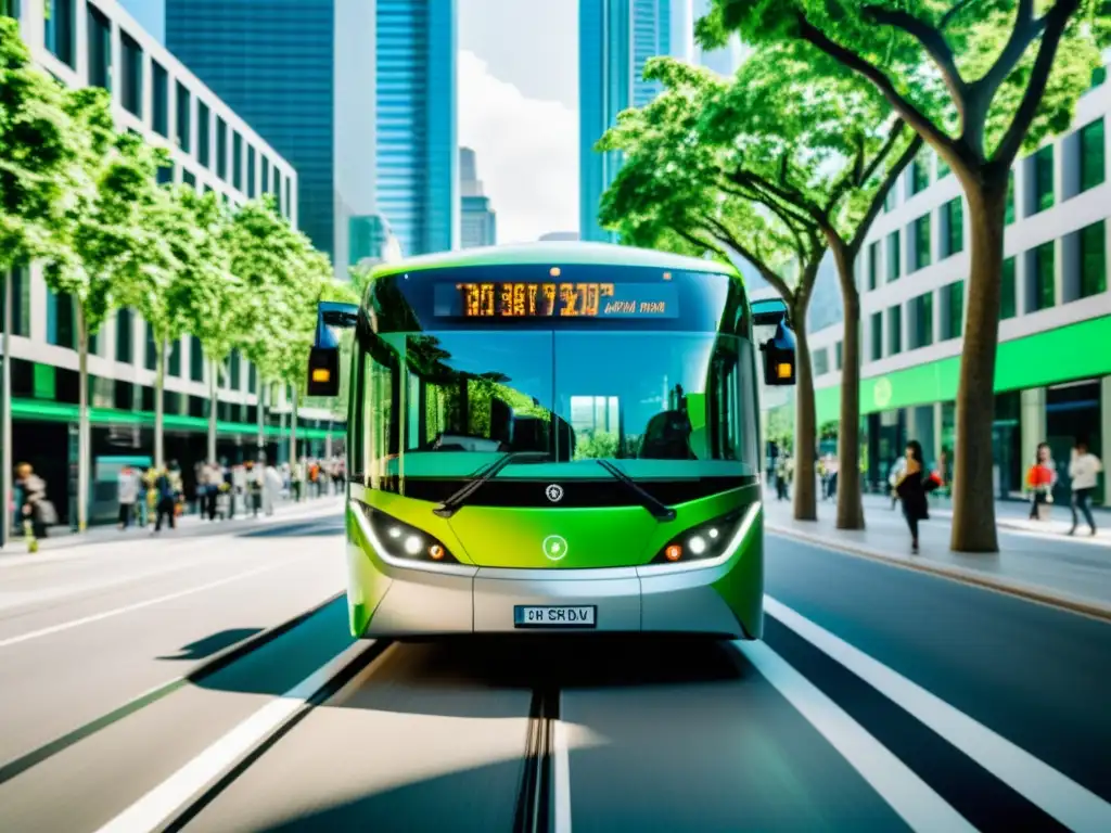 Un autobús eléctrico moderno y elegante avanza por una calle urbana arbolada, con pasajeros abordando