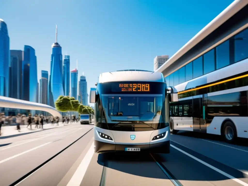 Un autobús eléctrico moderno y elegante circula por una calle de la ciudad, con arquitectura futurista y un cielo azul despejado